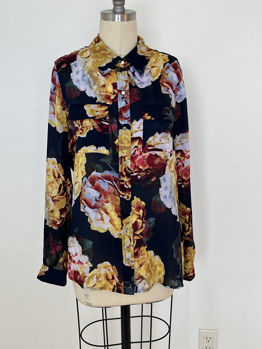 Y2K Dark Floral Sheer Blouse Womens Med Petite Corporate Goth WhimsigothCoquette